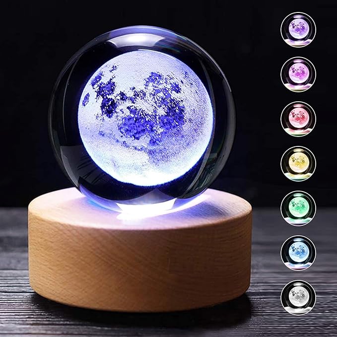 Moon Multi Crystal Ball Night Light with Wooden Base - LED USB Table Lamp for Kids, Teens, and Home Decor