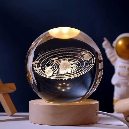 Unique 3D Universe Crystal Ball Night Light with Wooden Base - LED USB Table Lamp for Kids, Teens, and Home Decor